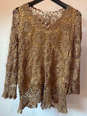 Joseph A Gold Women’s Crochet Lace Top Romantic Boho Festival Art Size Med/Lge